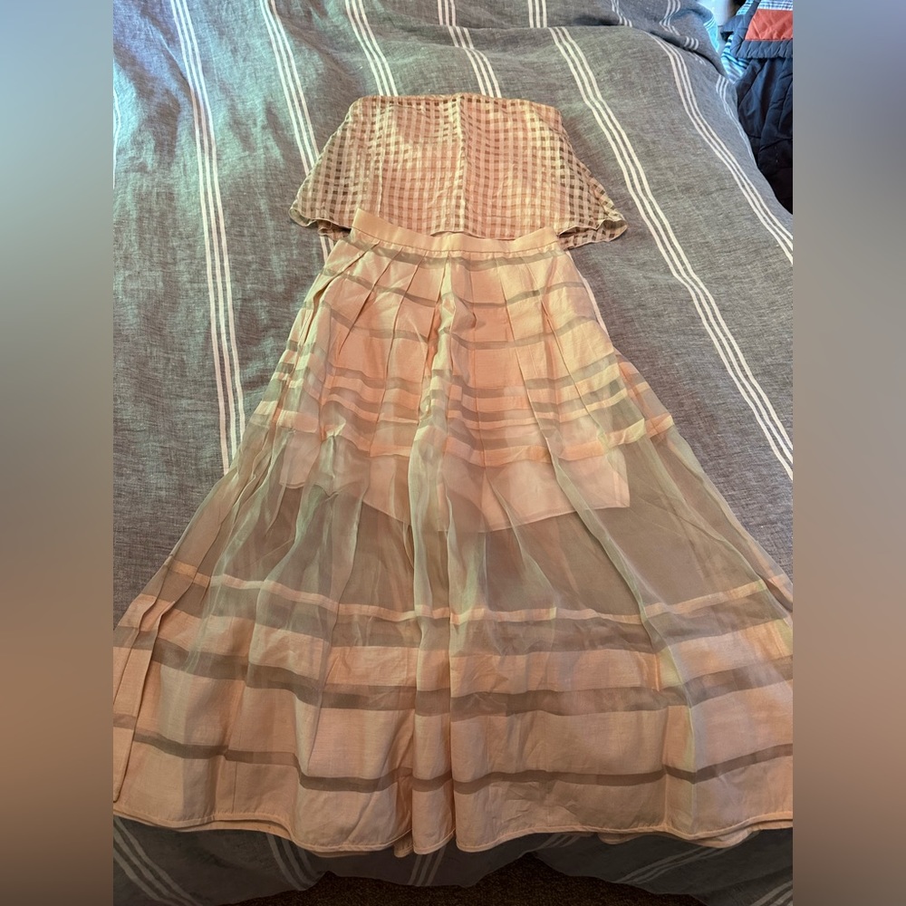Tibi striped and checkered organza midi skirt set with sleeveless top, size 2
